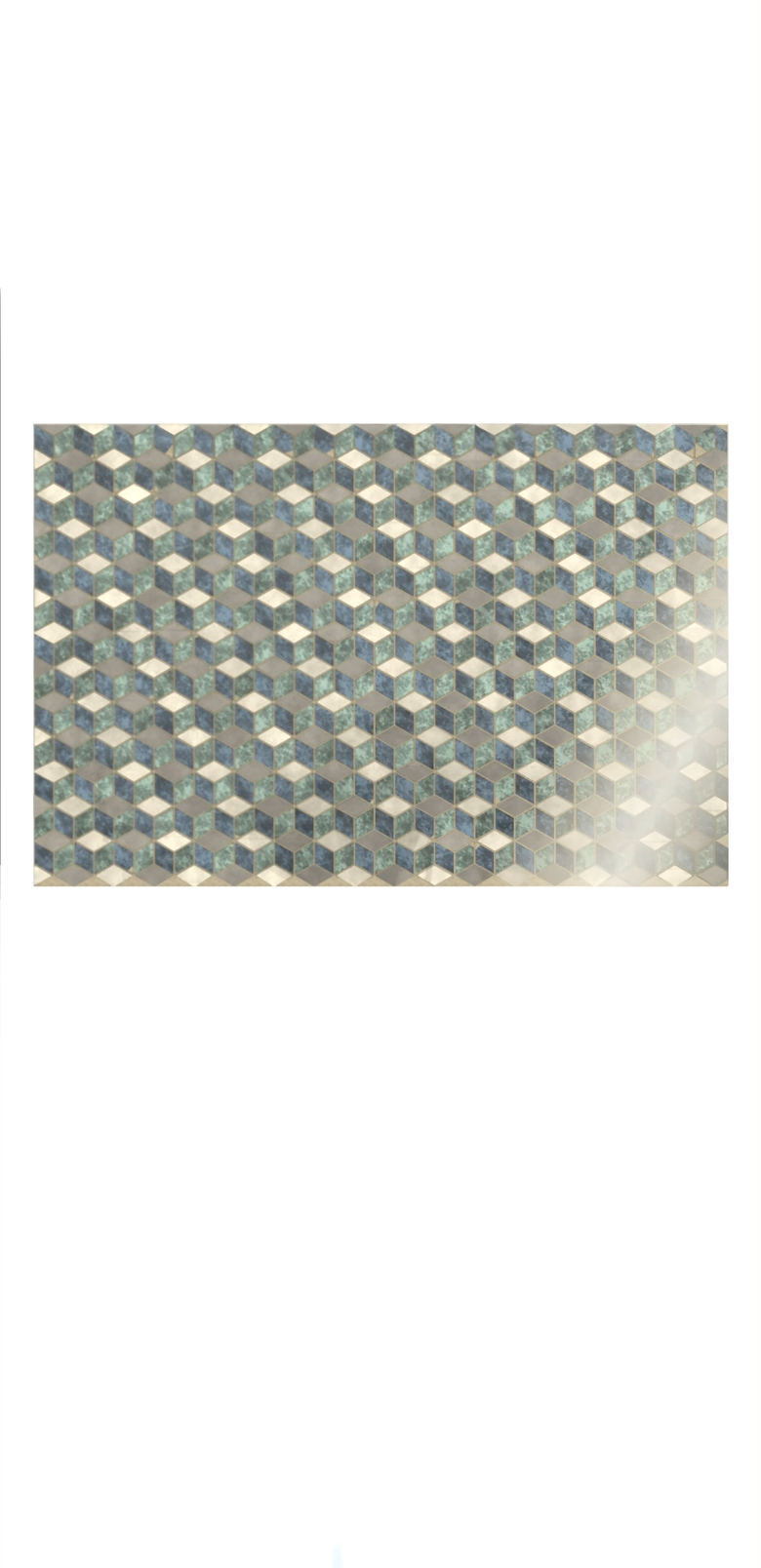 Delos on iPhone: a cube-pattern mosaic in blue, green and cream stone being laid.