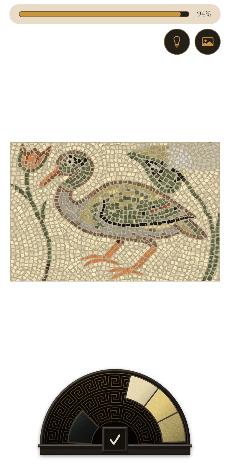 Delos on iPhone: a duck and lotus mosaic nearly laid, above a wheel of stone colours.