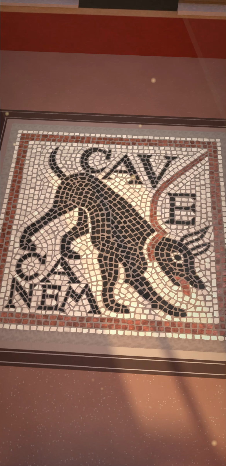 Delos on iPhone: the finished Cave Canem mosaic as a polished floor in a golden-hour villa.
